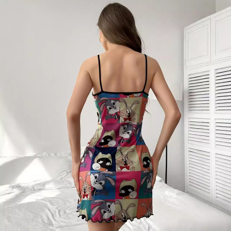 Cămașă de noapte elegantă și la modă pentru femei, cu bretele și motive de desene animate, din mătase de lapte, din Europa și America, de vară