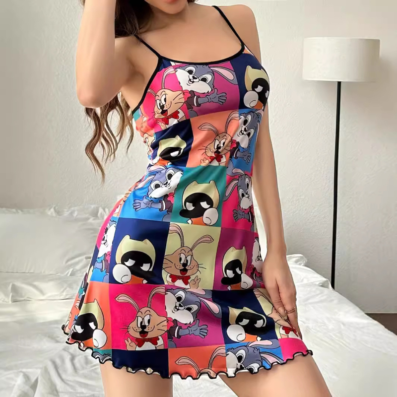 Cămașă de noapte elegantă și la modă pentru femei, cu bretele și motive de desene animate, din mătase de lapte, din Europa și America, de vară