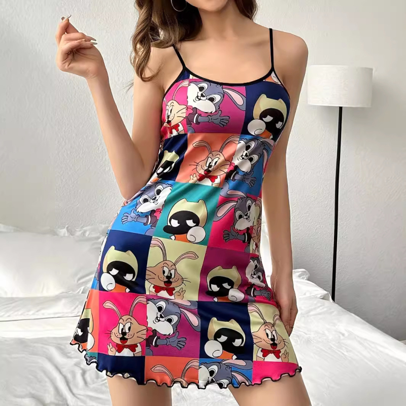 Cămașă de noapte elegantă și la modă pentru femei, cu bretele și motive de desene animate, din mătase de lapte, din Europa și America, de vară