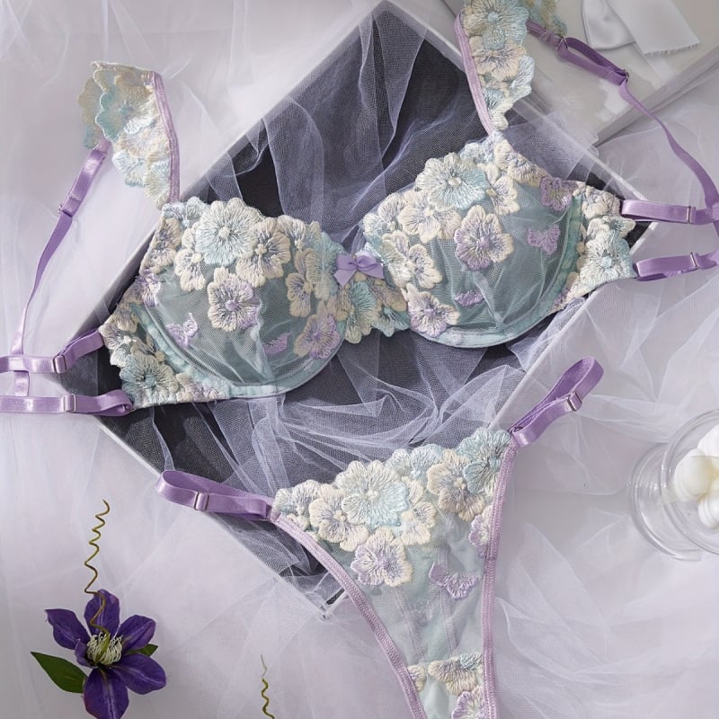 Lenjerie intimă sexy pentru femei, cu mâneci mici zburătoare, broderie florală, culoare contrastantă, confortabilă, cupă subțire, Europa și America