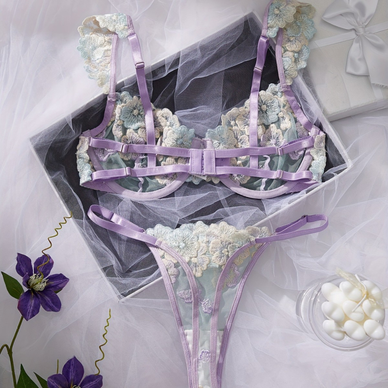 Seksīgi sprādzieni ar mazām, lidojošām piedurknēm, ziedu izšuvumiem, kontrastējoša krāsa, ērts, dobs, plāns kauss, sieviešu seksīgs apakšveļas kostīms Eiropā un Amerikā