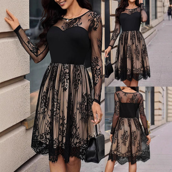 Elegantna ženska modna haljina s okruglim izrezom i dugim rukavima, plus veličine, za proljeće i jesen, prekogranična prodaja Amazona u Europi i Sjedinjenim Državama