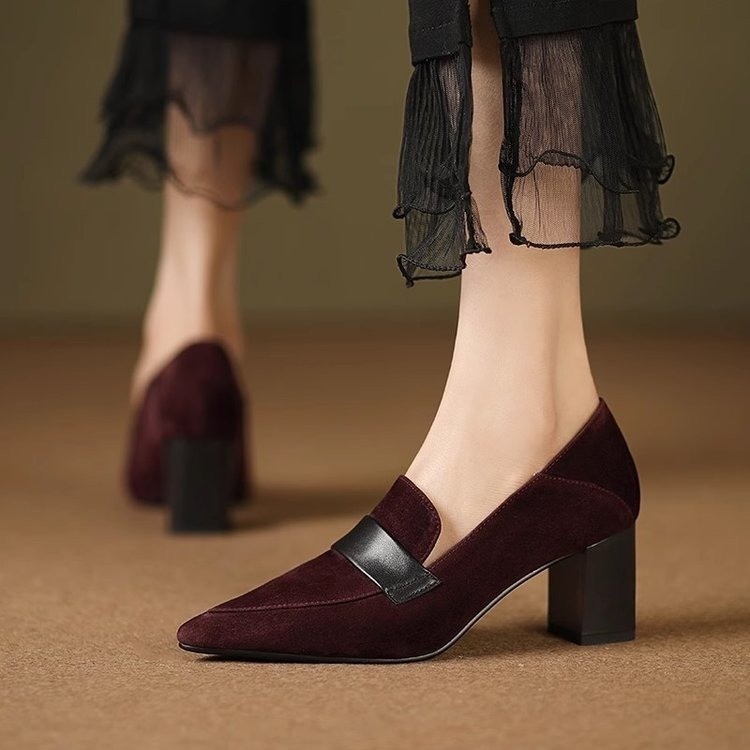 Primăvara 2024 Pantofi noi cu toc gros și un singur strat pentru femei, retro britanic, cu toc înalt, cu aspect mată, ușor de asortat, pentru femei
