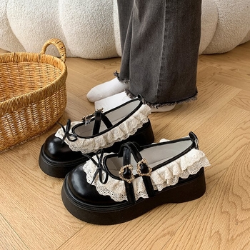 Internete išgarsėję prancūziški kaspino nėrinių Marijos bateliai moterims 2025 m. pavasario nauji storapadiai mokasinai JK maži odiniai bateliai