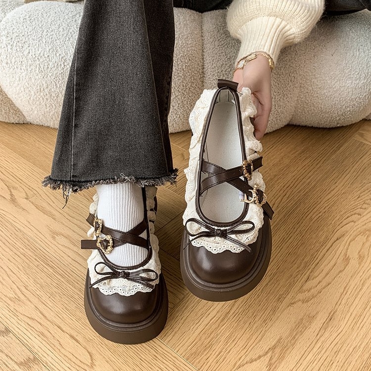 Internete išgarsėję prancūziški kaspino nėrinių Marijos bateliai moterims 2025 m. pavasario nauji storapadiai mokasinai JK maži odiniai bateliai