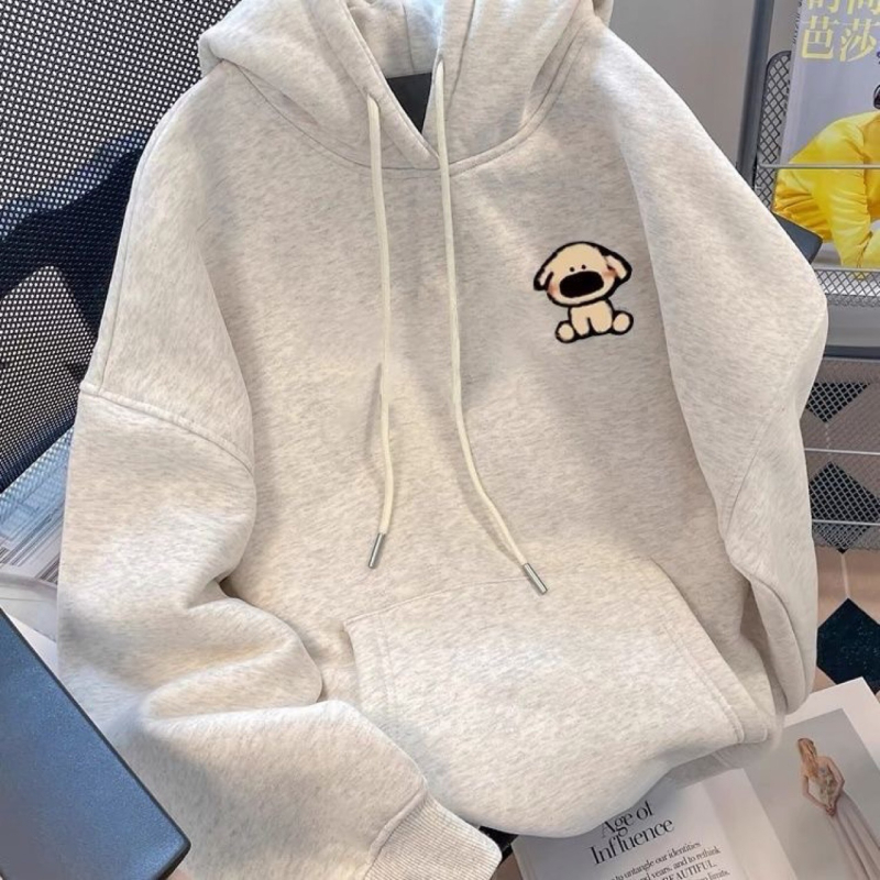 Hanorac cu glugă Silver Fox Velvet, stil Hong Kong, vintage, cu desene animate, cățeluș, imprimat, pentru cupluri, casual, toamnă și iarnă, top larg pentru femei