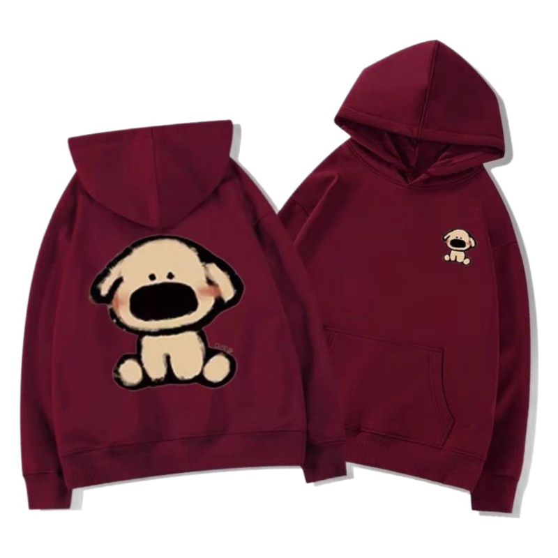 Hanorac cu glugă Silver Fox Velvet, stil Hong Kong, vintage, cu desene animate, cățeluș, imprimat, pentru cupluri, casual, toamnă și iarnă, top larg pentru femei