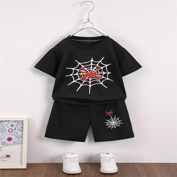 2025. aasta piiriülene Euroopa ja Ameerika suvine laste lühikeste varrukatega ülikond, puhtast puuvillast T-särk, meeste ja naiste aaretega õhuke trükitud kaheosaline komplekt