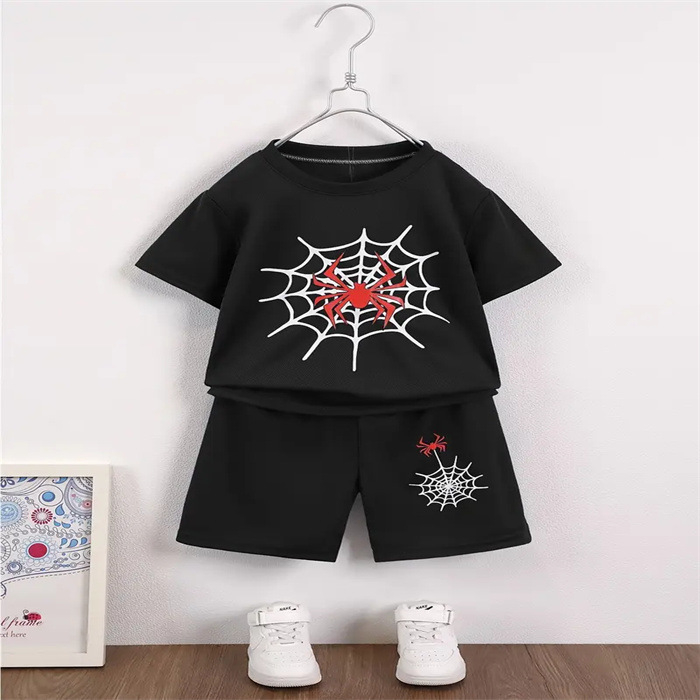 2025. aasta piiriülene Euroopa ja Ameerika suvine laste lühikeste varrukatega ülikond, puhtast puuvillast T-särk, meeste ja naiste aaretega õhuke trükitud kaheosaline komplekt