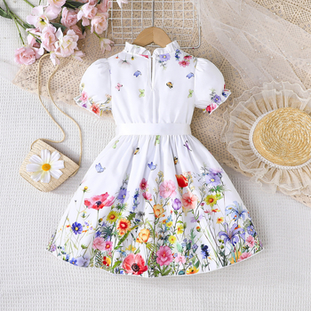 Διασυνοριακό φόρεμα με μανίκια φαναριού και μοτίβο λουλουδιών για κορίτσια, καλοκαίρι 2025, κομψή ζώνη με φούστα πριγκίπισσας