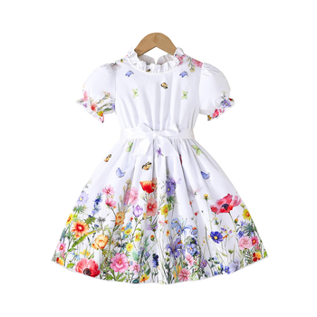 Διασυνοριακό φόρεμα με μανίκια φαναριού και μοτίβο λουλουδιών για κορίτσια, καλοκαίρι 2025, κομψή ζώνη με φούστα πριγκίπισσας