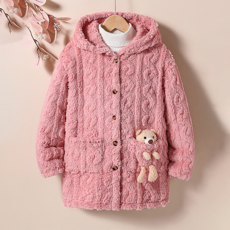 Haină de iarnă pentru fete, din flanel de pluș cu glugă, cu model ursuleț, haine de casă călduroase din fleece coral pentru copii mai mari, îngroșată și călduroasă