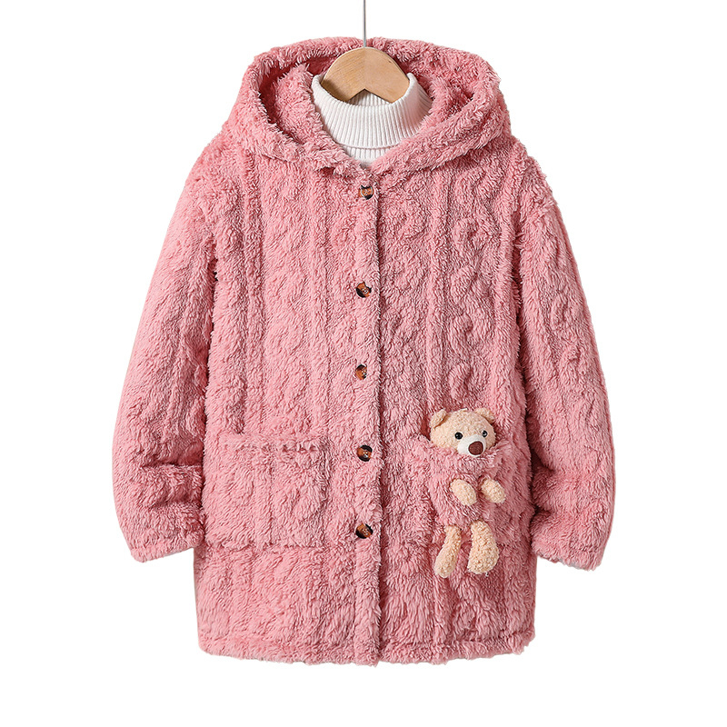 Zimski flanelski plišani kaput s kapuljačom i medvjedićem za djevojčice, topla odjeća za spavanje od koraljnog flisa za stariju djecu, zadebljana i topla