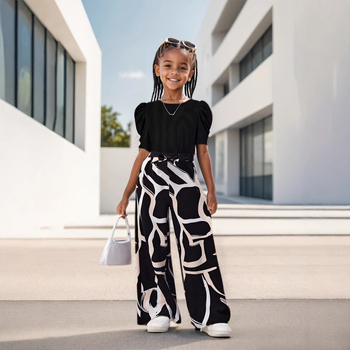 Piiriülese väliskaubanduse INS tüdrukute suvine mullvarrukaga moodne vabaaja top lilleprindiga laia säärega püksid stiilne ülikond