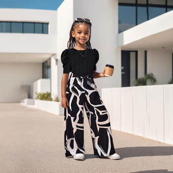 Piiriülese väliskaubanduse INS tüdrukute suvine mullvarrukaga moodne vabaaja top lilleprindiga laia säärega püksid stiilne ülikond