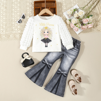 Sügis- ja talvetüdrukute ümara kaelusega, mullvarrukatega tikitud tähega tüdrukute trükitud jakk, teksariietusega laienevad püksid, 2 tk