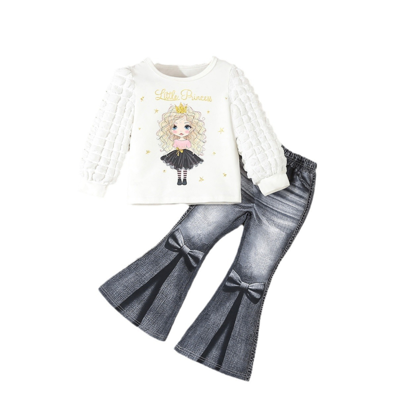 Sügis- ja talvetüdrukute ümara kaelusega, mullvarrukatega tikitud tähega tüdrukute trükitud jakk, teksariietusega laienevad püksid, 2 tk