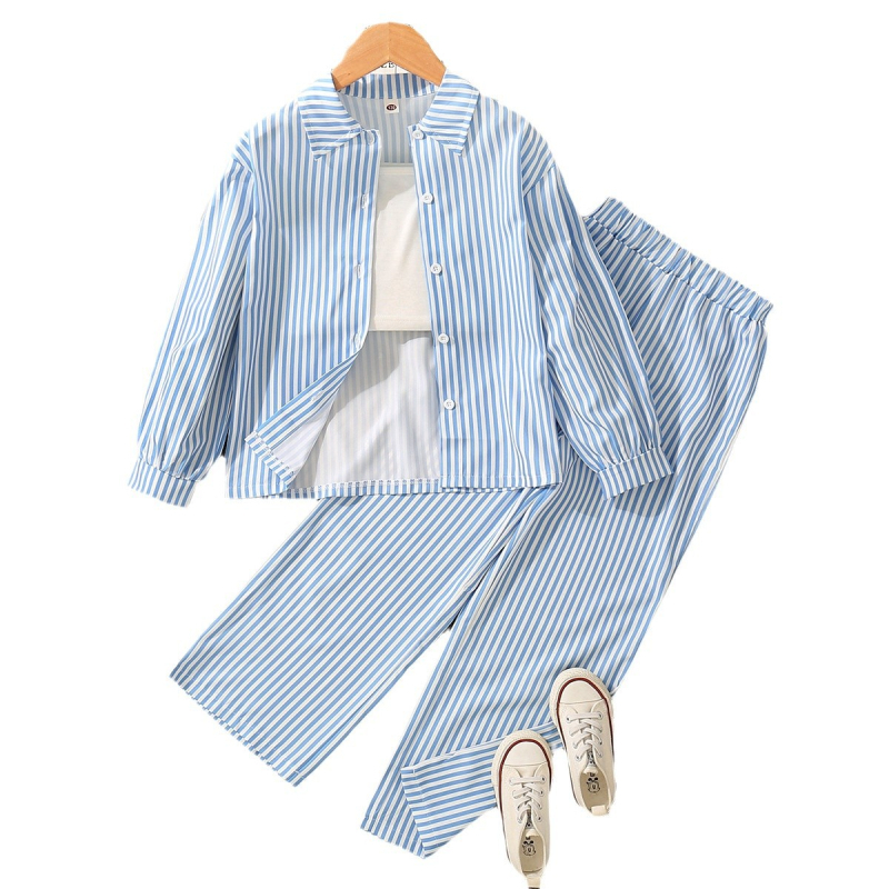 Kevadine uus kolmeosaline komplekt vanematele tüdrukutele: triibulise mustriga lahtikäiva kraega särk valge topi ja pikkade pükstega