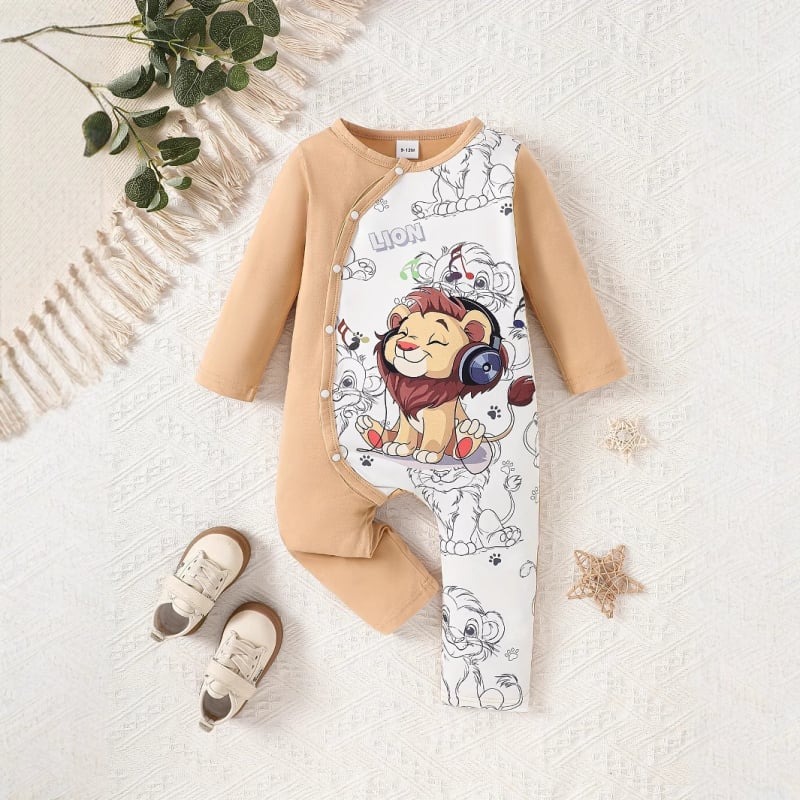 Άνοιξη και Φθινόπωρο Μωρό Μακρυμάνικο Σκουφάκι με Στάμπα Little Lion για Άνδρες, Χαριτωμένο Μωρό, Μακρύ Σκουφάκι Αναρρίχησης με Αγκράφα και Μονόπλευρη Λαιμόκοψη