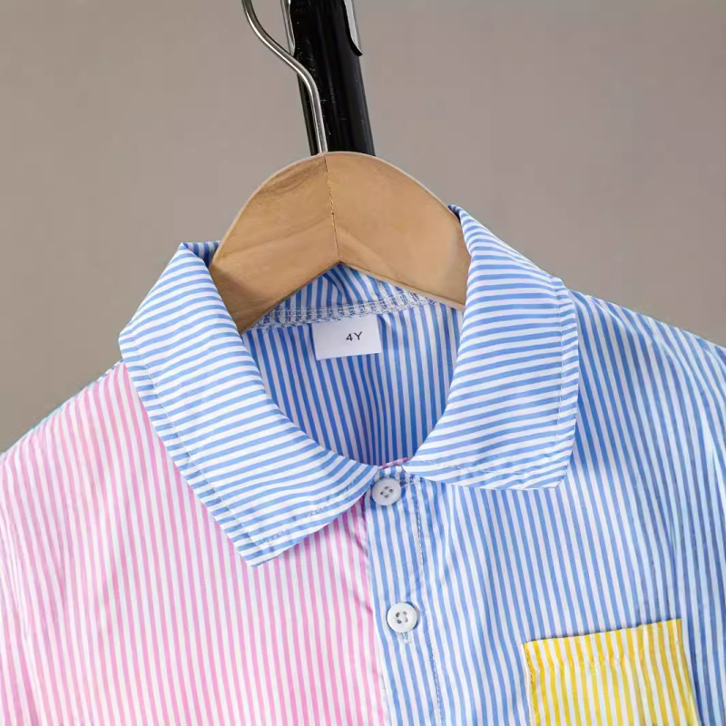 Νέο Παιδικό Ρούχο με Ριγέ Μπλούζα για Αγόρια Πολύχρωμο Ριγέ Πουκάμισο Μικρού και Μεσαίου Μεγέθους Παιδικό Ανοιξιάτικο και Καλοκαιρινό Λεπτό Μακρυμάνικο Πουκάμισο Ευρωπαϊκό και Αμερικανικό Κοστούμι