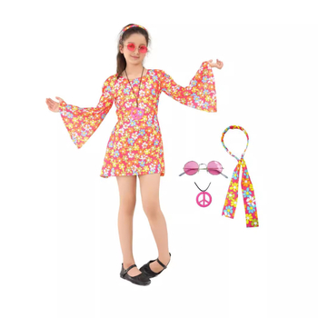 70-ųjų ir 80-ųjų gėlių rašto hipių išleistuvių gimtadienio Helovino kostiumas tėvų ir vaikų apranga