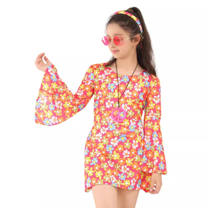 70-ųjų ir 80-ųjų gėlių rašto hipių išleistuvių gimtadienio Helovino kostiumas tėvų ir vaikų apranga