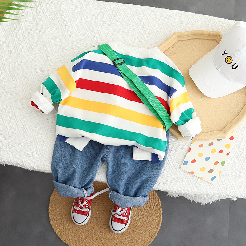 Lasteriided, meeste ja laste triibuline pikkade varrukatega kampsun, teksariie, püksid, koletis, väike kott, kevad- ja sügisene beebitüdrukute trendikas kaheosaline komplekt