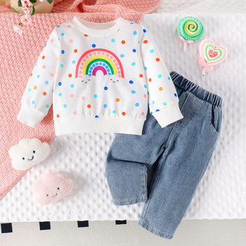 Amazoni piiriülene 24 sügisene vikerkaarevärviliste täppidega trükitud kampsun, pesuvesi, teksapüksid, tüdrukute ülikond