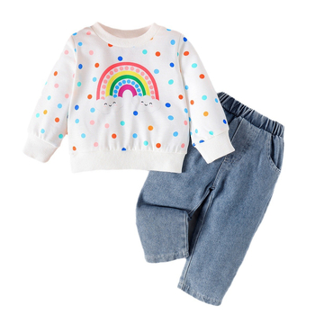 Amazoni piiriülene 24 sügisene vikerkaarevärviliste täppidega trükitud kampsun, pesuvesi, teksapüksid, tüdrukute ülikond