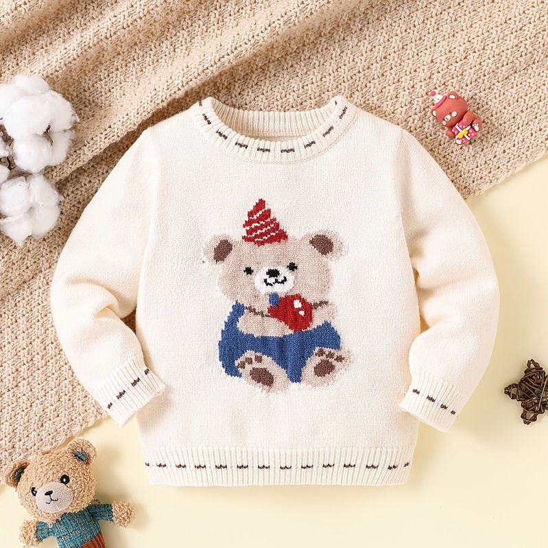 2024 m. berniukiškas megztinis rudens ir žiemos naujo stiliaus berniukiškas animacinių filmukų stiliaus meškiuko megztinis su apvalia kaklo iškirpte