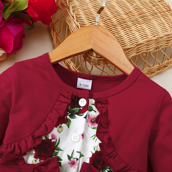 Mergaičių 2023 m. rudens ir žiemos nauja korėjietiško stiliaus populiari grynos spalvos sujungimo netikra dviejų dalių gėlėta ilgomis rankovėmis suknelė