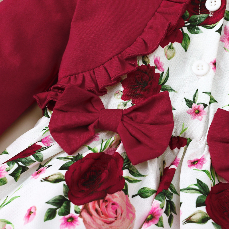 Mergaičių 2023 m. rudens ir žiemos nauja korėjietiško stiliaus populiari grynos spalvos sujungimo netikra dviejų dalių gėlėta ilgomis rankovėmis suknelė