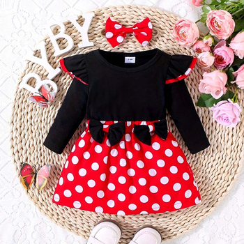 Mergaičių suknelė pavasario ir rudens taškuotas siuvinėjimo klostuotas sijonas europietiškos ir amerikietiškos mados kaspino ilgomis rankovėmis kalėdinis mergaičių sijonas