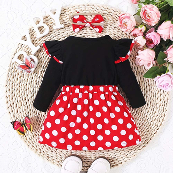 Mergaičių suknelė pavasario ir rudens taškuotas siuvinėjimo klostuotas sijonas europietiškos ir amerikietiškos mados kaspino ilgomis rankovėmis kalėdinis mergaičių sijonas