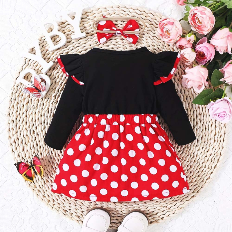 Mergaičių suknelė pavasario ir rudens taškuotas siuvinėjimo klostuotas sijonas europietiškos ir amerikietiškos mados kaspino ilgomis rankovėmis kalėdinis mergaičių sijonas