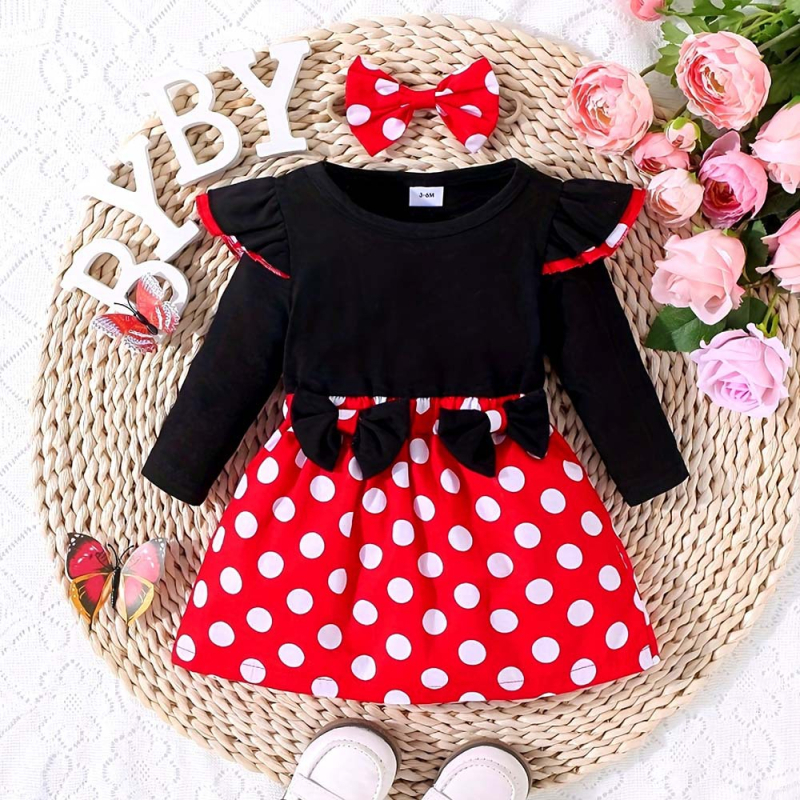 Mergaičių suknelė pavasario ir rudens taškuotas siuvinėjimo klostuotas sijonas europietiškos ir amerikietiškos mados kaspino ilgomis rankovėmis kalėdinis mergaičių sijonas