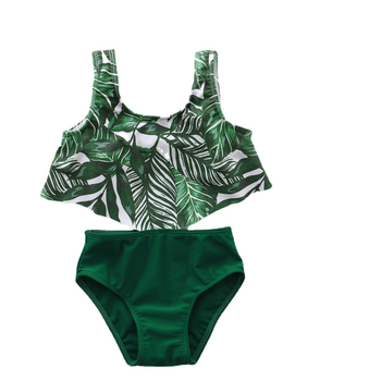 Tüdrukute kevad- ja sügis 2021 uus Euroopa ja Ameerika moodne varrukateta lootoselehega pitsimustriga pluus + ühevärvilised kolmeosalised ujumispüksid