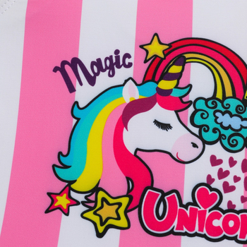 Tüdrukute roosa triibuline ükssarvikuga ühes tükis ujumistrikoo lendava äärega