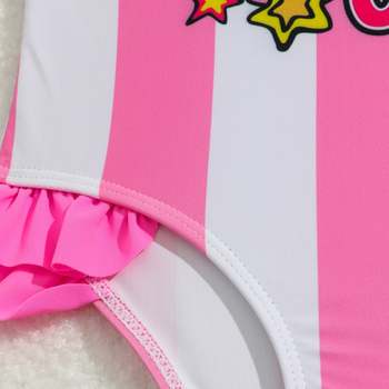 Tüdrukute roosa triibuline ükssarvikuga ühes tükis ujumistrikoo lendava äärega