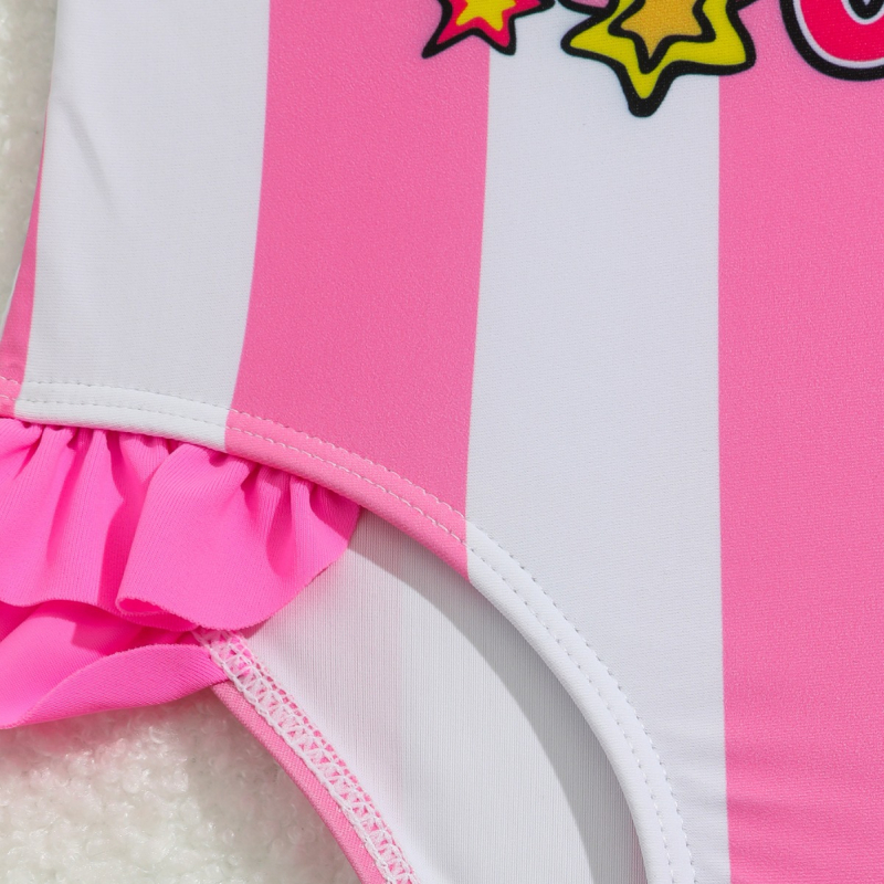 Tüdrukute roosa triibuline ükssarvikuga ühes tükis ujumistrikoo lendava äärega