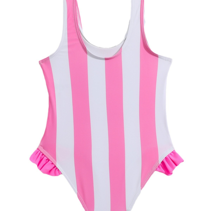 Tüdrukute roosa triibuline ükssarvikuga ühes tükis ujumistrikoo lendava äärega