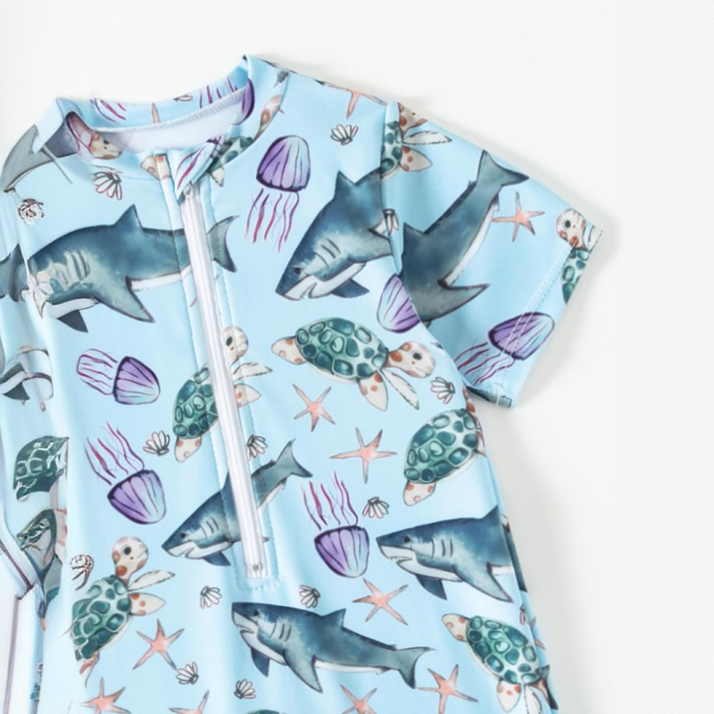 2024. aasta uus kuum laste ujumistrikoo ühes tükis koomiksipoisi armas hai veealune maailm lühikeste varrukatega väliskaubandus