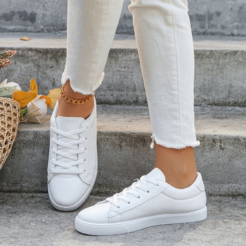 2024 tavaszi új alkalmi cipők női koreai stílusú kerek orrú fűzős lapos alkalmi fehér cipő