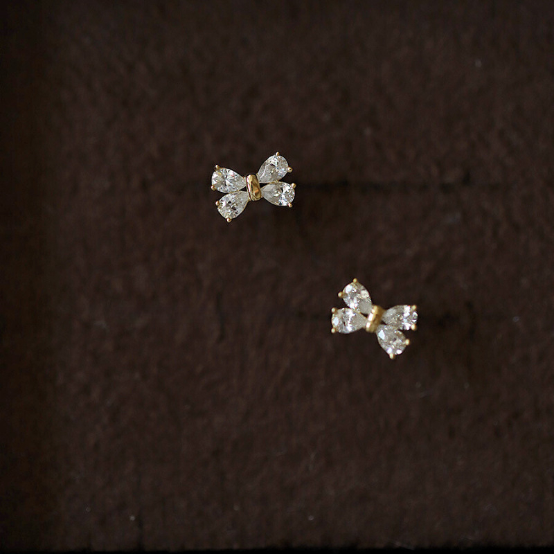 S925 hõbetatud 14K kullast nelja teemandiga lipsuga kõrvarõngad, armsad elegantsed ja lihtsad minikõrvarõngad, naiste stiilis