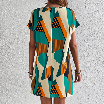 Dámske šaty s krátkym rukávom a farebnými blokmi v európskom a americkom prevedení, voľné šaty s výstrihom do V, stredne dlhé, áčkové, s farebnými blokmi na cestovanie a export