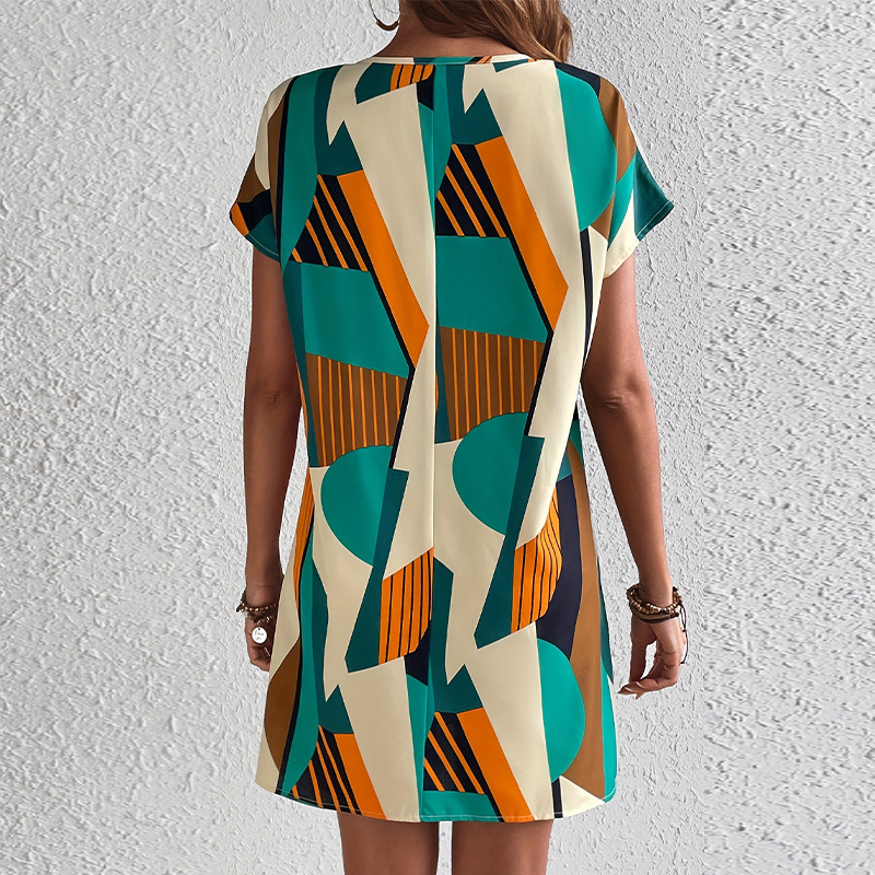 Dámske šaty s krátkym rukávom a farebnými blokmi v európskom a americkom prevedení, voľné šaty s výstrihom do V, stredne dlhé, áčkové, s farebnými blokmi na cestovanie a export