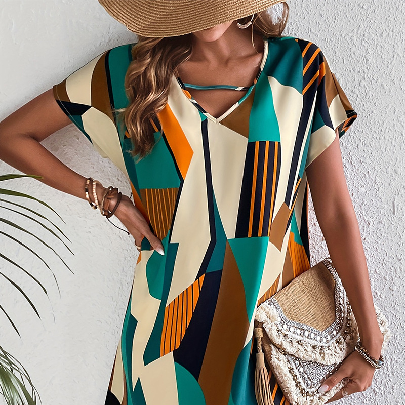 Dámske šaty s krátkym rukávom a farebnými blokmi v európskom a americkom prevedení, voľné šaty s výstrihom do V, stredne dlhé, áčkové, s farebnými blokmi na cestovanie a export