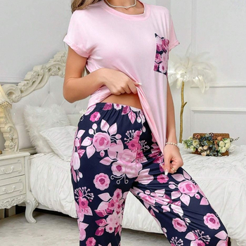 2025-ös európai méretű, határokon átnyúló export otthoni viselet, nyári rövid ujjú felsők és rövidített nadrágok, nyomtatott pizsama szett, kétrészes szett