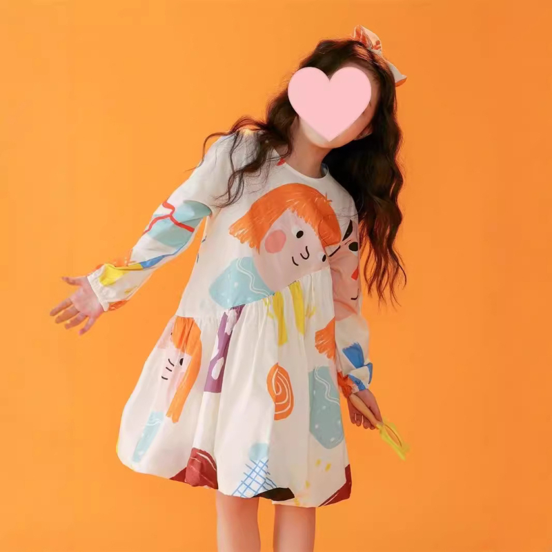 Vakarų stiliaus vaikiški drabužiai mergaitėms, ilgomis rankovėmis, 2025 m. pavasario ir rudens naujo stiliaus vaikiška animacinių filmukų grafiti stiliaus miela princesės suknelė