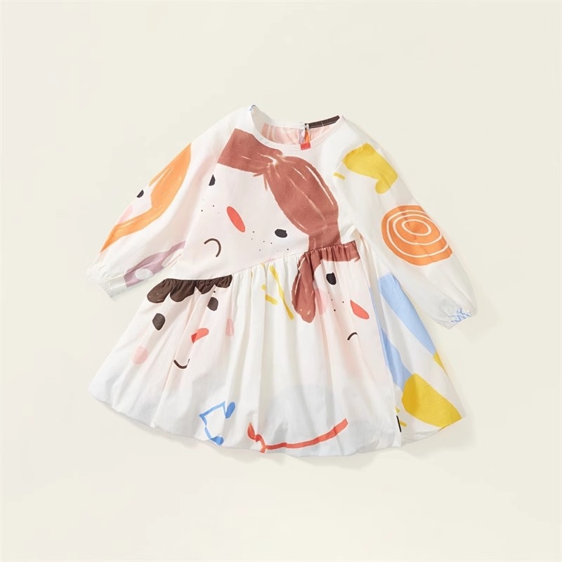 Vakarų stiliaus vaikiški drabužiai mergaitėms, ilgomis rankovėmis, 2025 m. pavasario ir rudens naujo stiliaus vaikiška animacinių filmukų grafiti stiliaus miela princesės suknelė